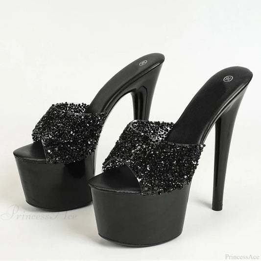Black Red Sequined Transparent Platform Peep-Toe Sexyfashionable Slippers Stripper High Heel / 34
