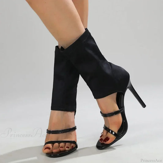 Black Roman Elastic Fabric Sexy Peep Toe Slip-On Thin High Heel Mid Calf Cool Booties Modern / 35
