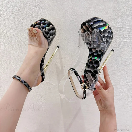 Black Sexy Mesh Butterfly-Knot Decoration One Word Peep Toebuckle Strap Cover Heel Thin High Heeled