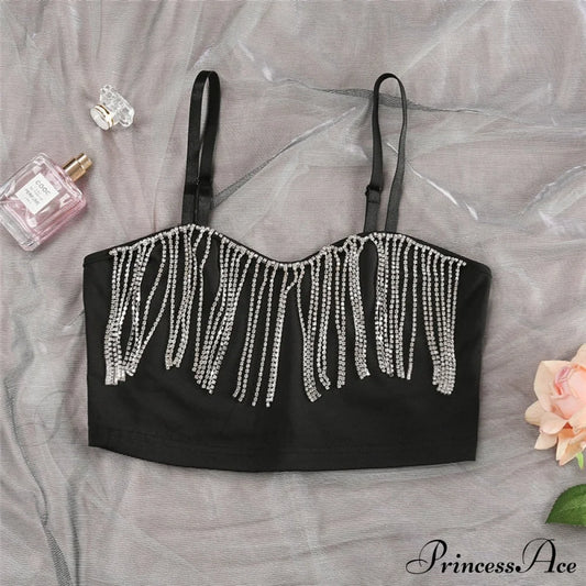 Black Strap Crop Charming Top With Rhinestone Fringe