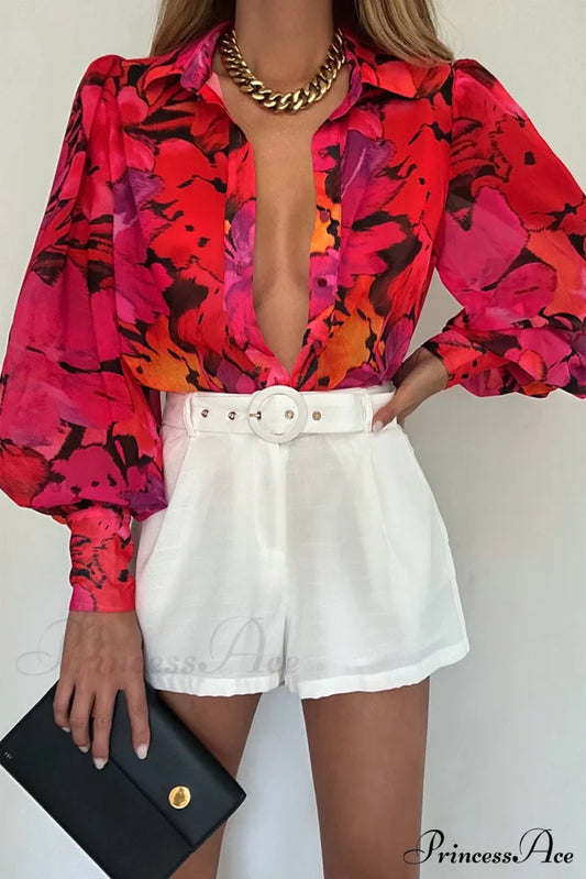 Red Floral Print Lantern Sleeve Shirt Red 100%Polyester All In Stock clothes clothing long sleeve shirts long sleeve top Occasion Daily Print Floral Season Spring shirt shirts Style Elegant top tops