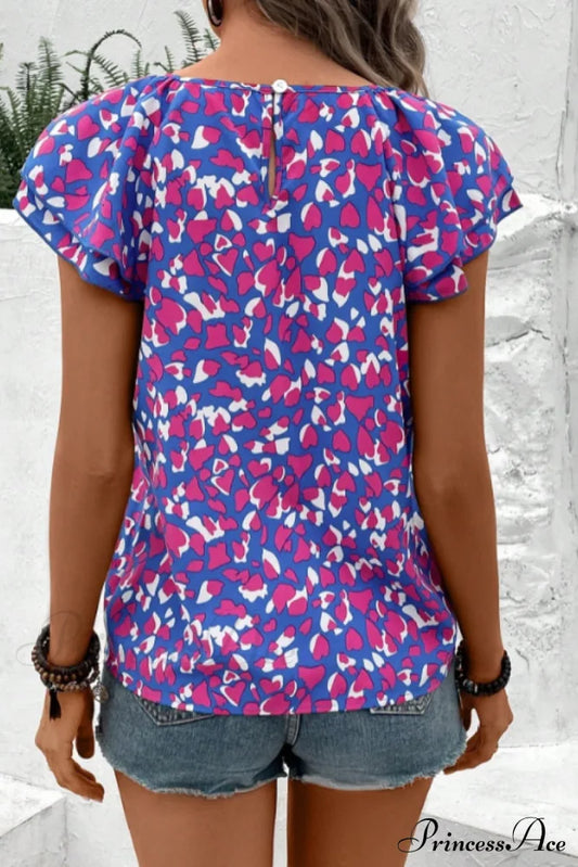 Blouse With Flutter Neck Round Arm Print