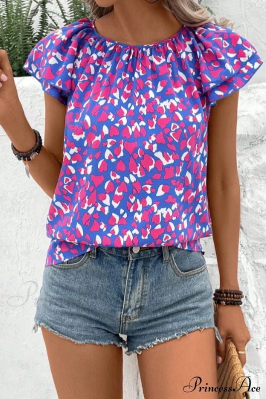 Blouse With Flutter Neck Round Arm Print Fuchsia / S