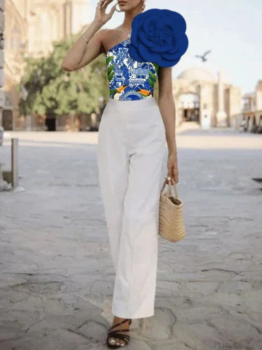 Blue Floral Decoration One Piece Swimsuit onepiece-250223