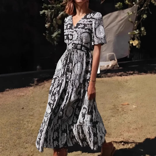 Blue Floral Print Ruffles Sleeve Rayon A-line Beach Maxi Boho Dress Black / S bohodress-250126