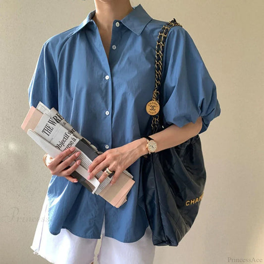 Blue Puff Sleeve Casual Loose Summer Shirt blouse-250126