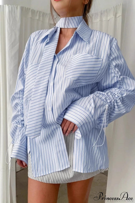 Blue Striped Halter Drawstring Blouse