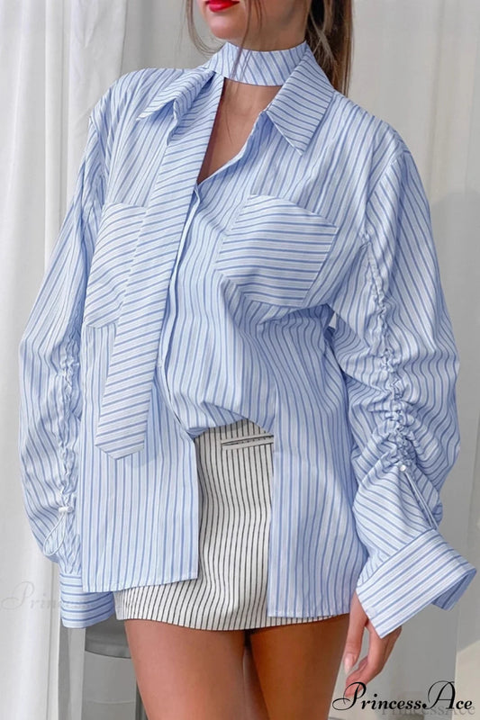Blue Striped Halter Drawstring Blouse Blue / S