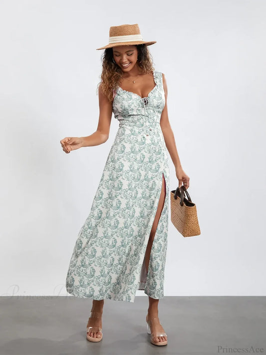 Bohemian Floral Tank Dress Sleeveless Ruffled Tie-up Sweetheart Floral Dress Blue / S floraldress-250126