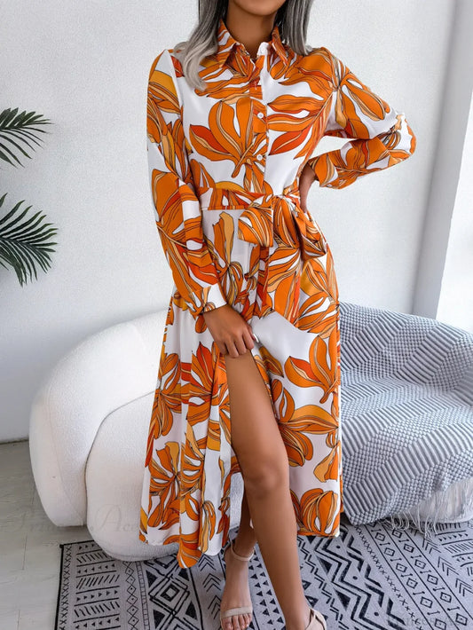 Boho Beach Holiday Floral Shirt Dress Orange / S oldfloraldress-250126