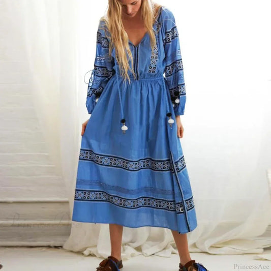 Boho Blue/White Cotton Rayon Maxi Dress bohodress-250126