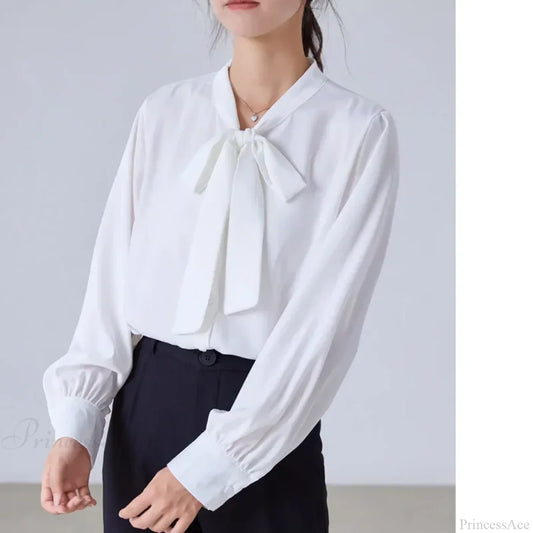 Bow Champagne Satin Long Sleeve Office Lady Blouse WHITE / S blouse-250126