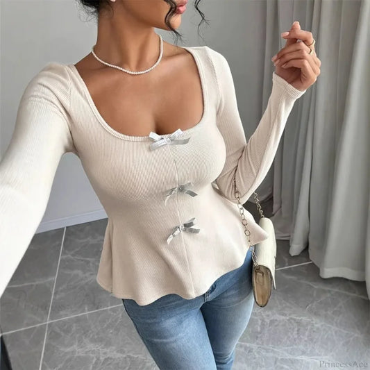 Bow Knit Casual Long Sleeve Ruffled Pullover Slim Knit Top Apricot / S knittop-250126