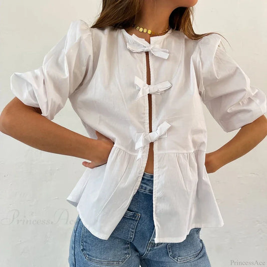 Bowknot Front Hollow Out Vintage Ruffles Puff Sleeve Elegant Sweet Y2K Crop Top croptop-250126