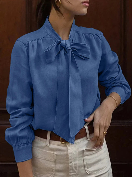 Bowtie Neck Pleating Blouse Casual Chic Blouse Dark Blue / S blouse-250126
