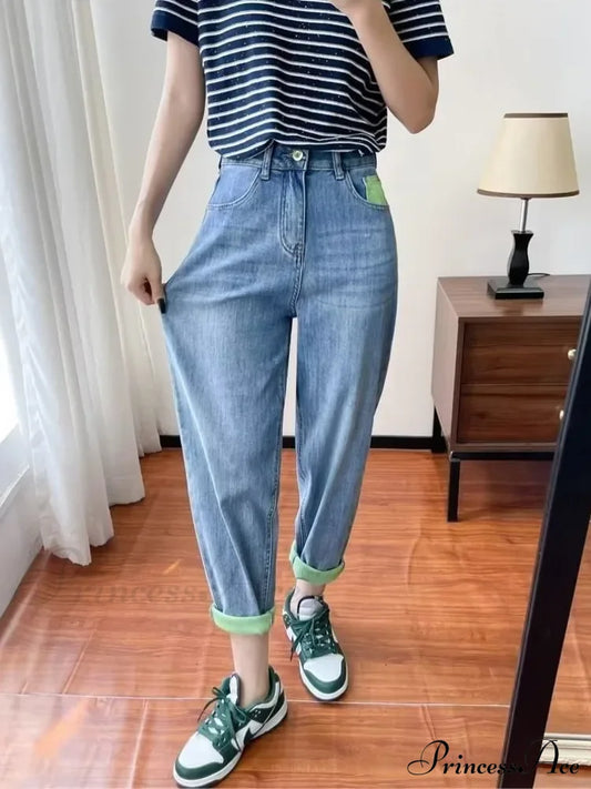 Braided Contrasting Elastic Harem For Women In Spring And Autumn Jean Sky Blue / S