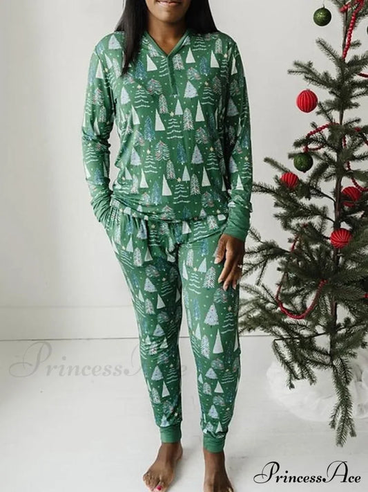 Breathable Long Women’s Pant Button Pajama Fall V And - Trees Arm Set Pink Cotton Christmas