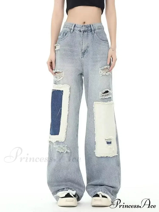 Broken Hole Patch Summer Crowd High Waist Loose Straight Leg Women’s Jean Blue / S