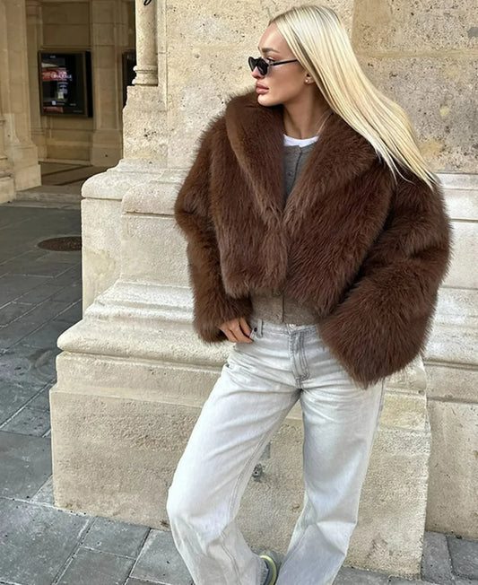 Brown Lapel Fluffy Coat Brown / XS