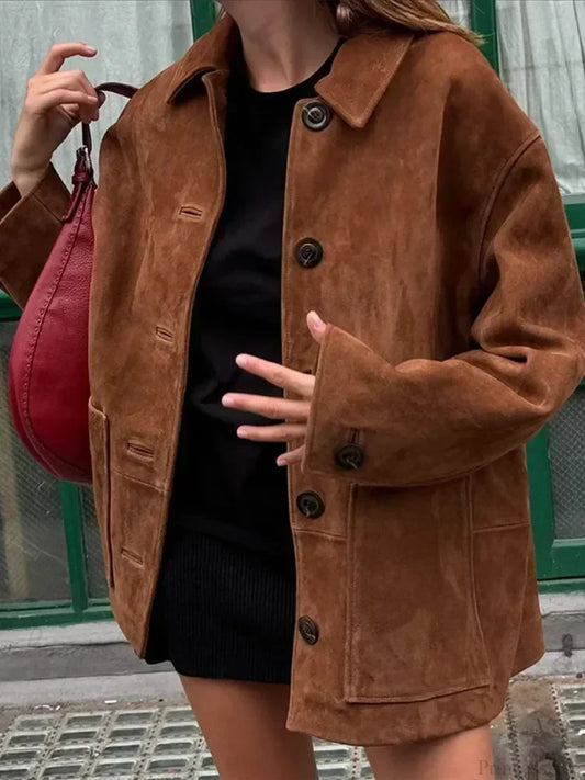 Brown Stand Collar Suede Coat Brown / S
