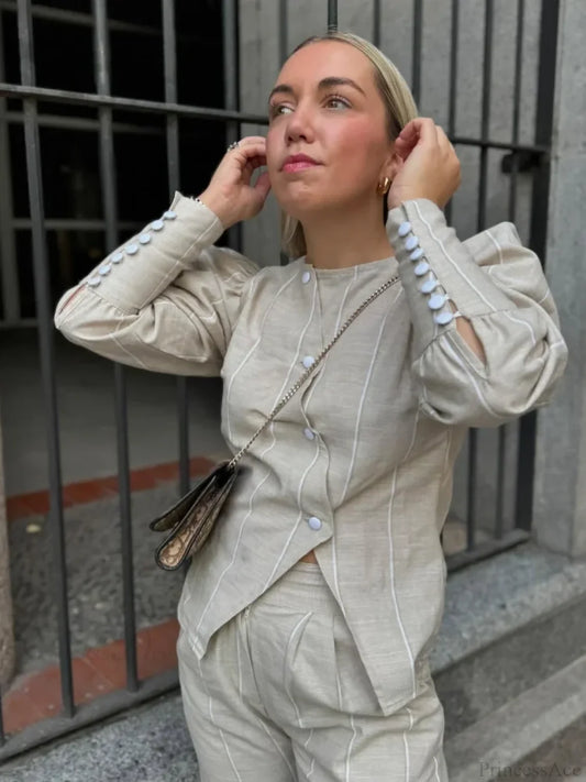 Bubble Sleeve Slanted Button Stripe Blouse blouse-250223