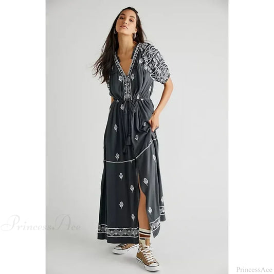 Button Down Embroidery Short Sleeve Chic Boho Dress Dark Gray / S bohodress-250126