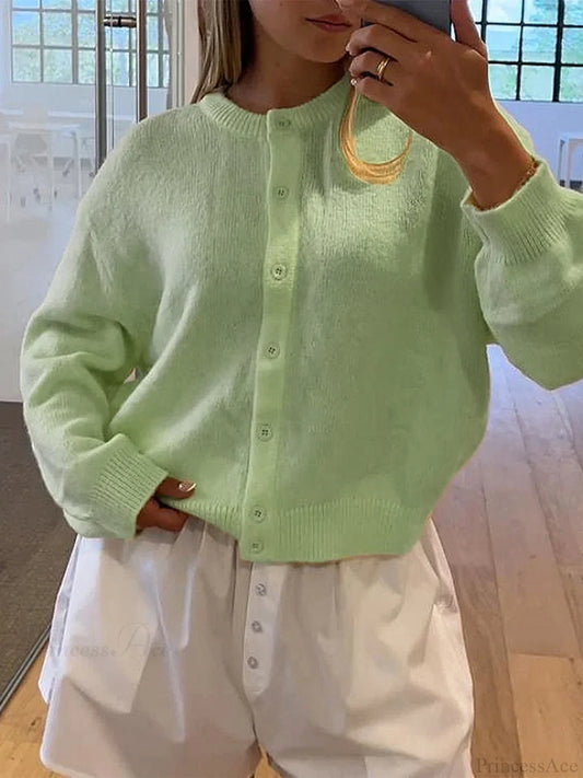 Button Down Lightweight Knit Cardigan Green / S