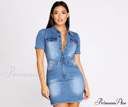 Button Up In Charming Denim Frayed Dress Denim / Xs Casual Dresses