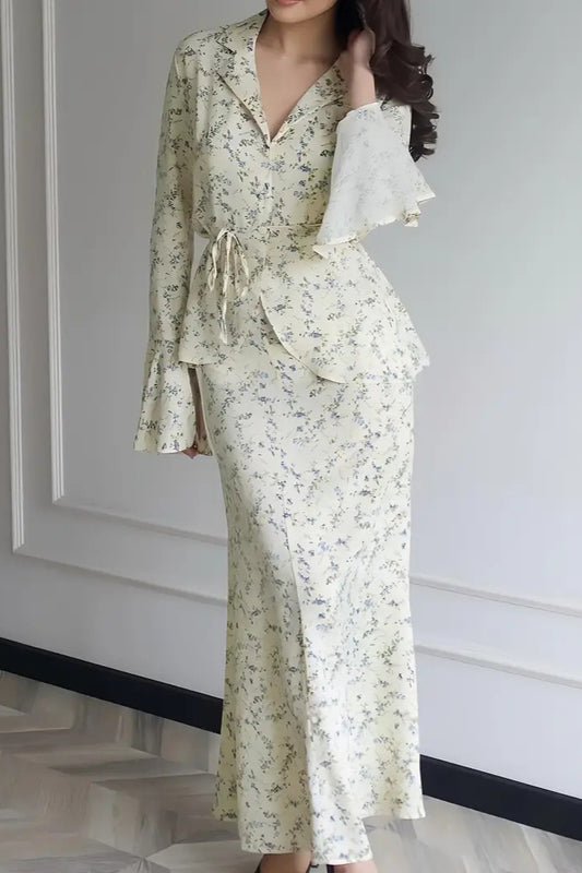 Zweiteiliges Set mit langärmligem, kleinem Blumen-Cinch-Top und Midirock