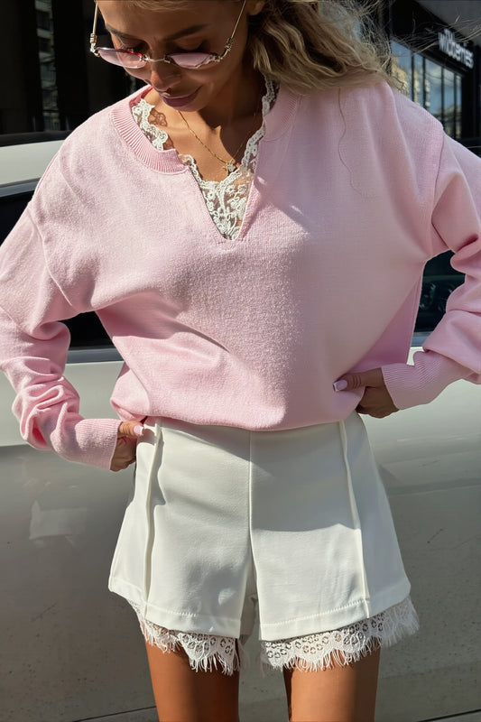 Lace Trim V Neck Relaxed Sweater