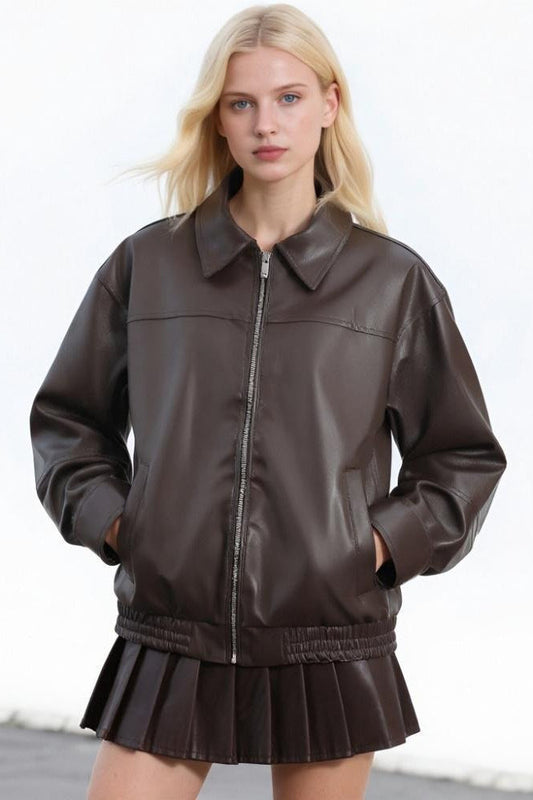 PU Leather Casual Lapel Jacket Brown / S