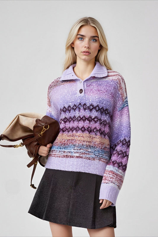 Locker geschnittener Pullover mit Farbverlauf, Fair-Isle-Jacquard-Muster und Lurex-Kragen