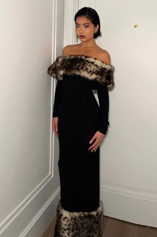 Sexy schulterfreies, figurbetontes Maxikleid mit Leopardenmuster und Pelzbesatz
