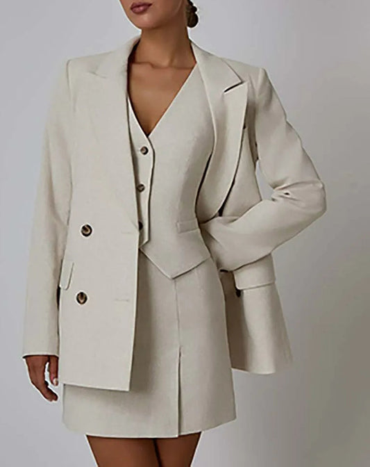 Aprikosenfarbenes, langärmliges, schmales Mini-Büro-Zweiteiler-Set