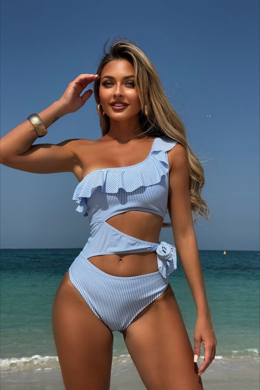 Elegant Ruffle Striped Cutout One Piece Swimwear