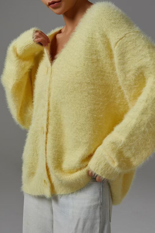 Fuzzy Balloon Sleeve V Neck Knit Cardigan