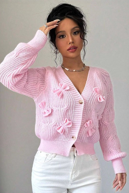 Unifarbener, langärmeliger Strickcardigan mit Schleife