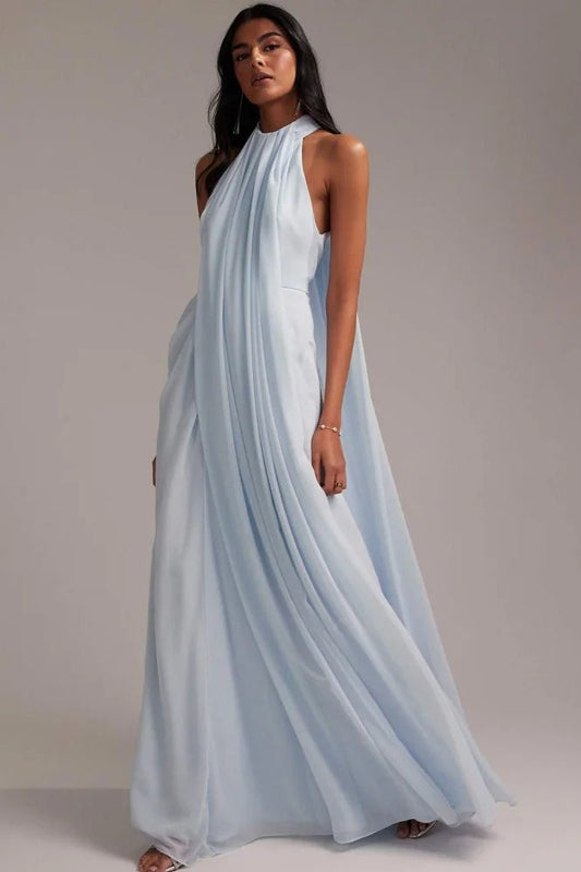 Elegant Halter Light Blue Maxi Party Dress Blue / XS