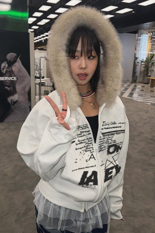 Faux Fur Graffiti Zip Hoodie