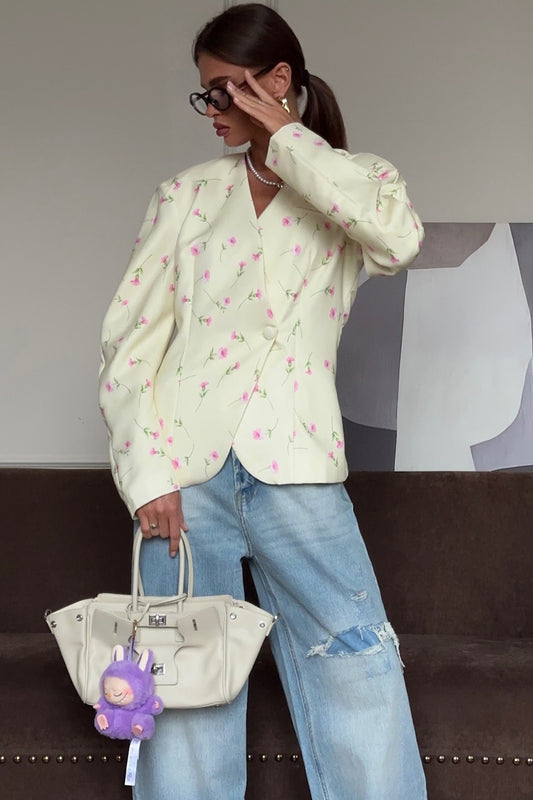 Blazer mit V-Ausschnitt, floralem Muster, locker geschnitten, elegant