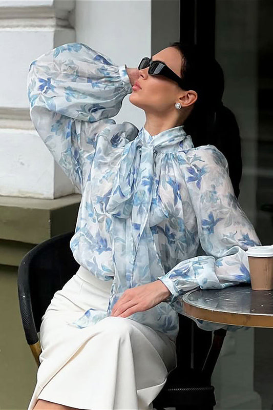 Elegante Bluse mit Bindebändern, Laternenärmeln und Blumenmuster