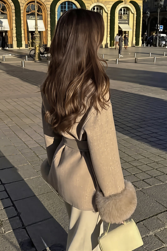 Fur Cuff Belted Wrap Coat