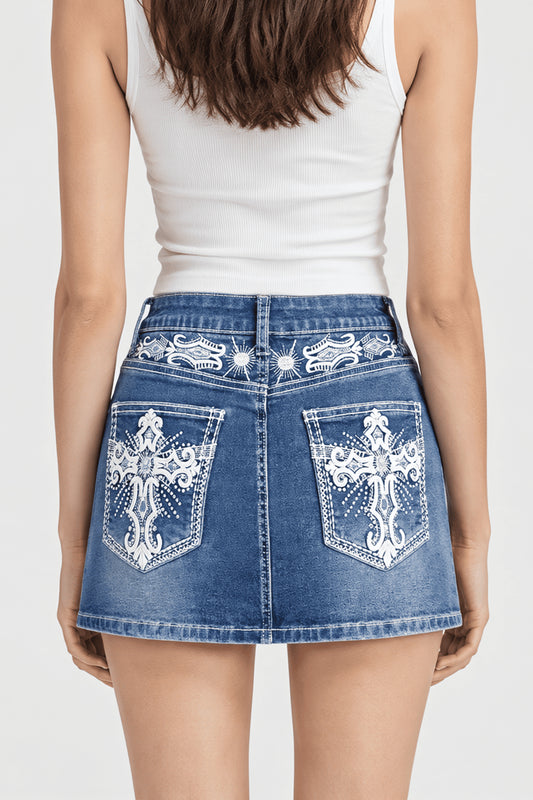 Embroidered Pocket Denim Mini Skirt