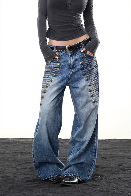 Multi Button Low Rise Wide Leg Jeans