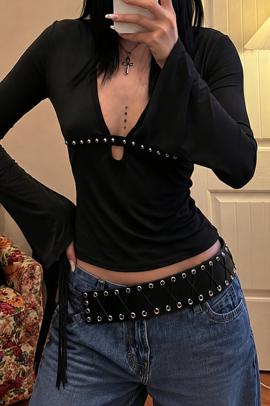 Studded Deep V Keyhole Bell Sleeve Blouse