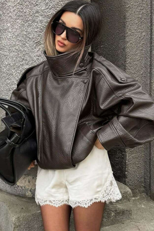 Oversized Stand Collar Faux Leather Jacket
