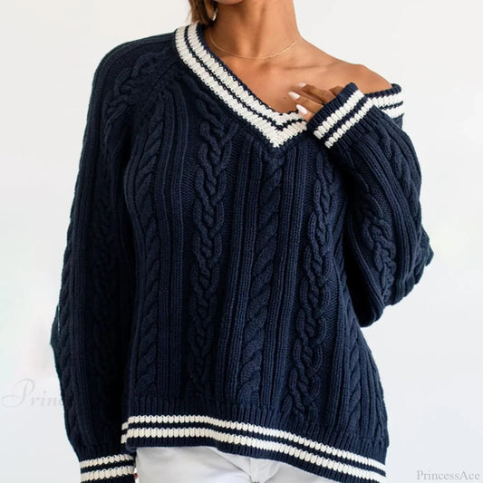 Cable Knit Loose Contrast Trim Streetwear Sweater