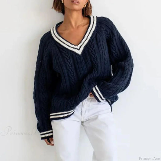 Cable Knit Loose Contrast Trim Streetwear Sweater