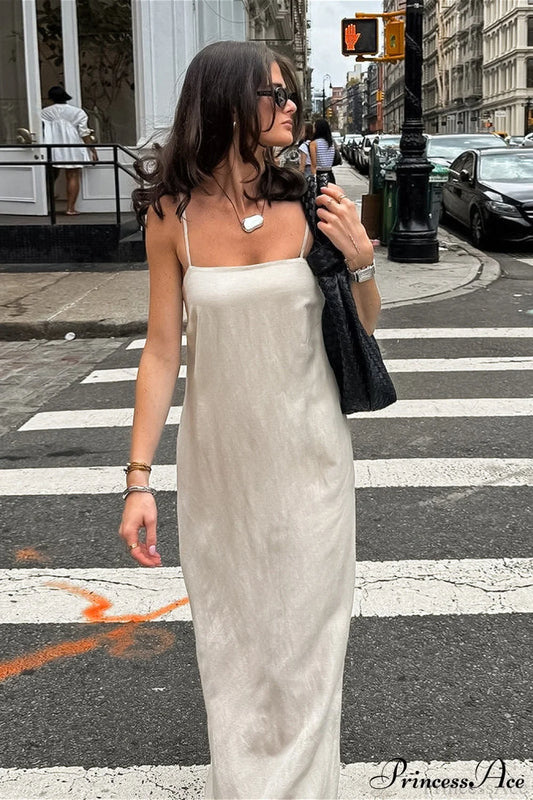 Cami Cotton Linen Loose A Line Maxi Dress Khaki / S