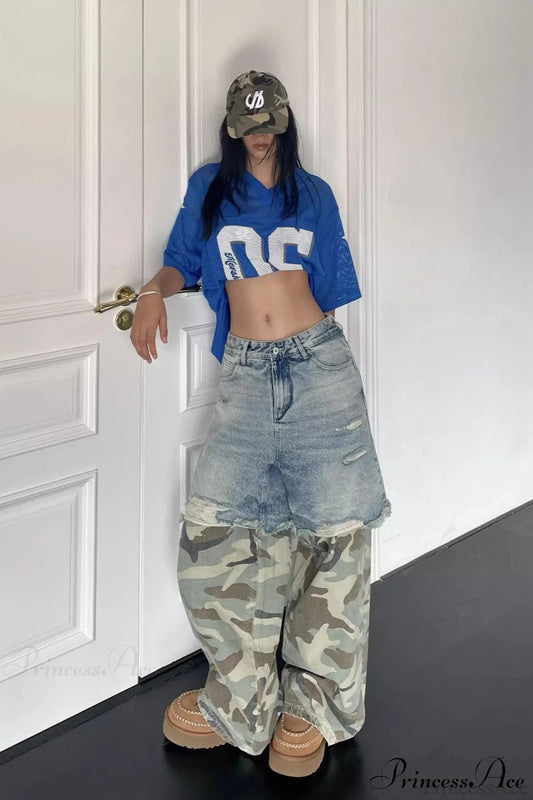 Camouflage Print Patchwork Loose Fit Streetwear Jeans